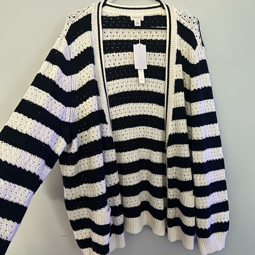 Caslon Navy and White Striped Cardigan